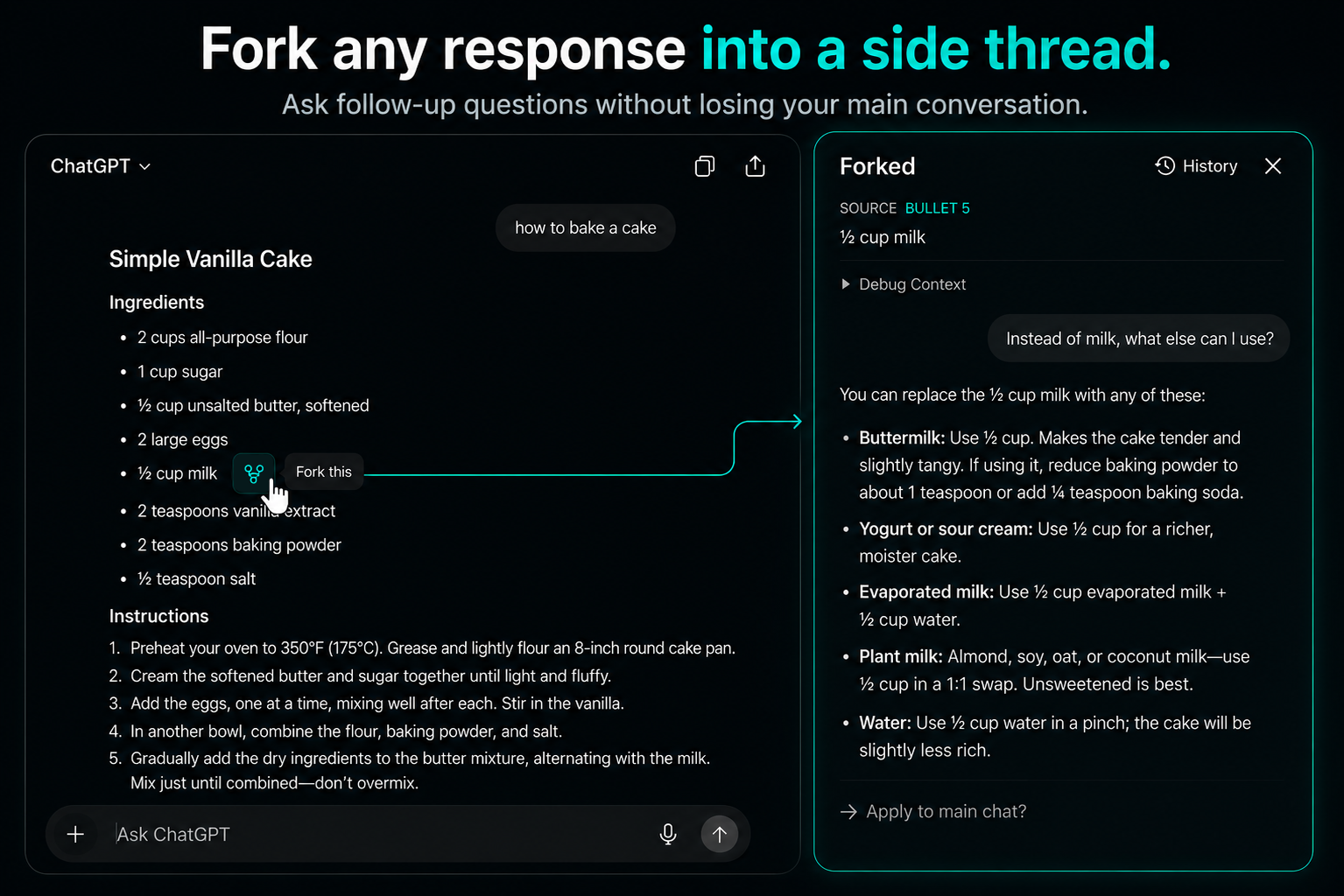 ChatGPT Fork opening a side thread from part of a ChatGPT response