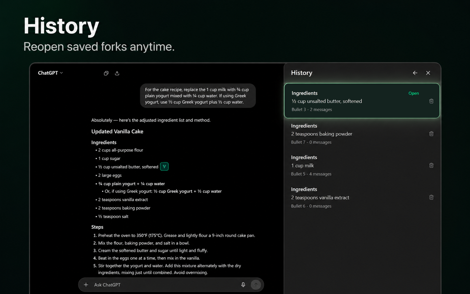 ChatGPT Fork history panel showing saved forks